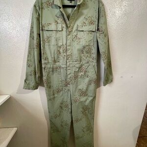 Driftwood Sage Floral Utility Jumpsuit Button Front Workwear Boiler Medium Olive